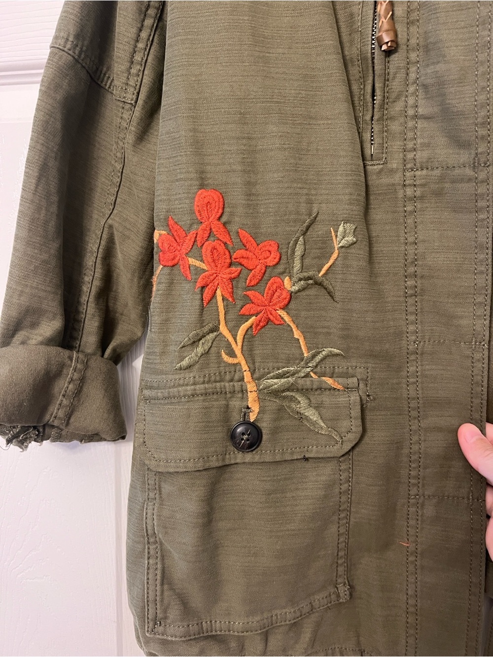 Embroidered Olive Green Utility Jacket - Anthropologie - Picture 5 of 6